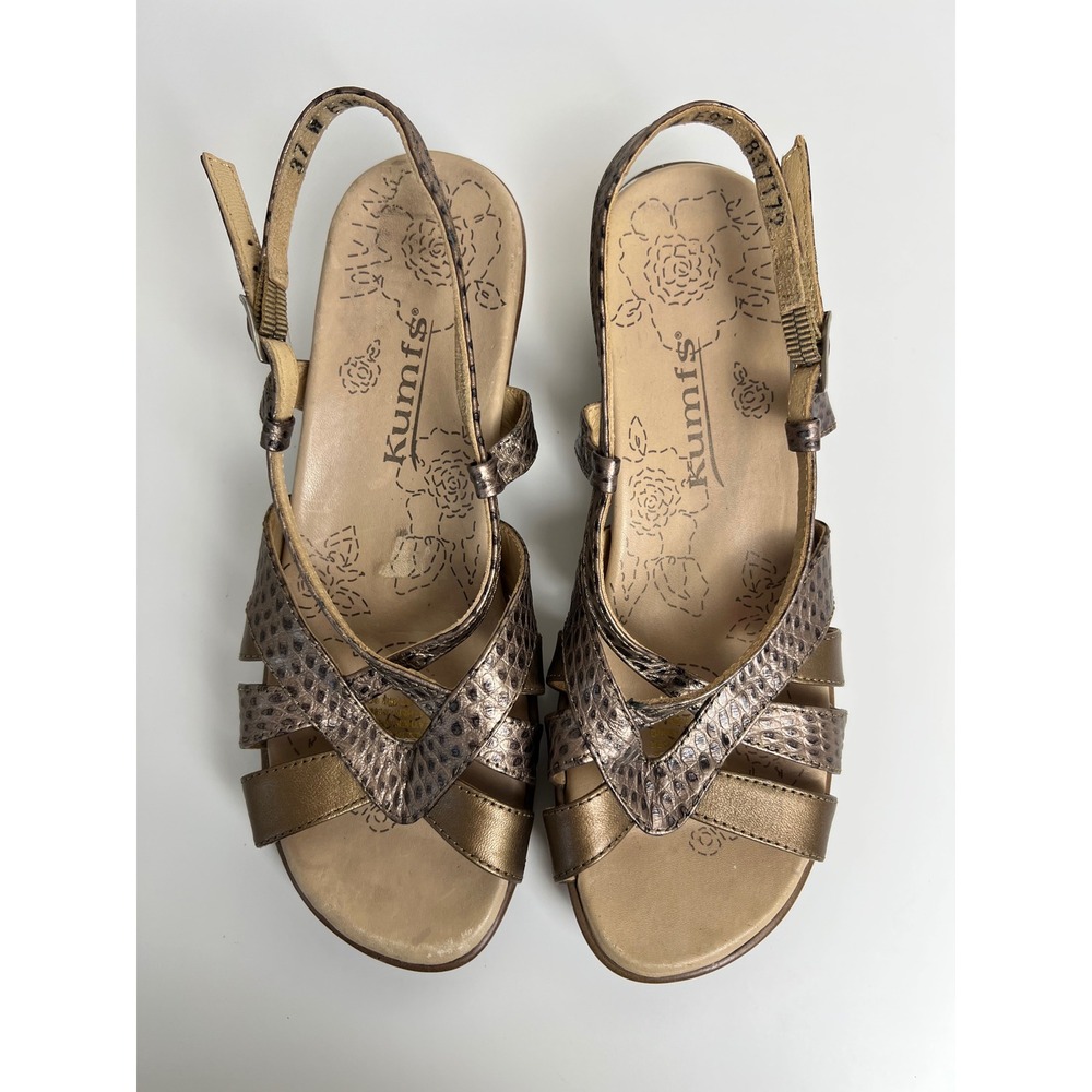 Kumfs Ziera Bronze Metallic Leather Comfort Travel Wedge Sandals EU 37 Boho‎